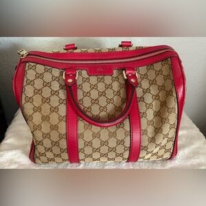 Gucci GG Canvas Boston Bag in beige with red leather trim